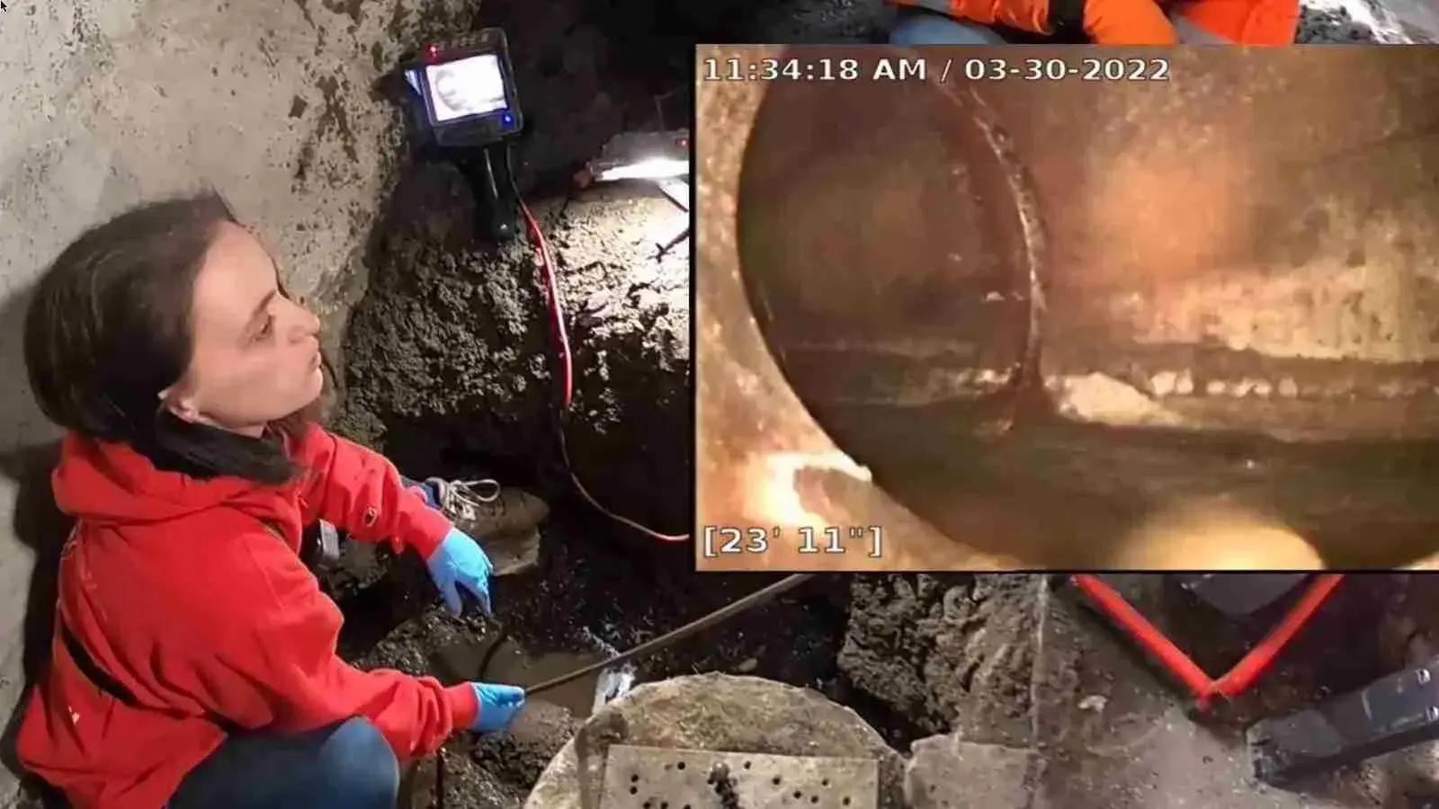 Sewer camera inspection of a drain line in progress