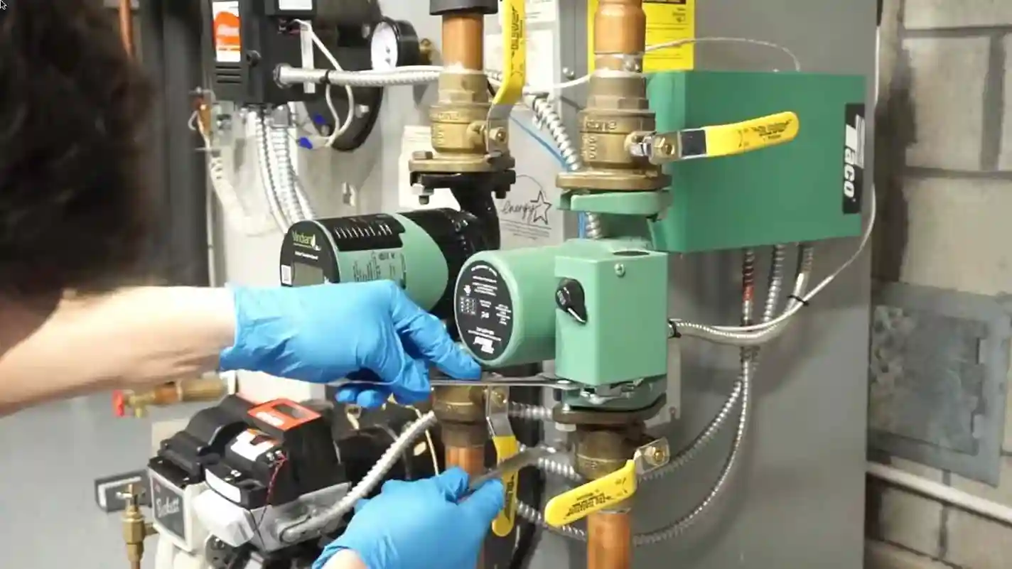 Full boiler front with circulator pumps and copper piping