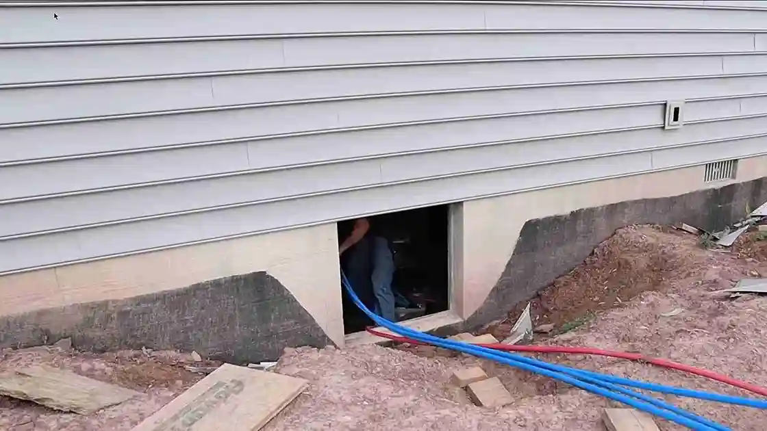 Red and blue PEX water mains running to a new house