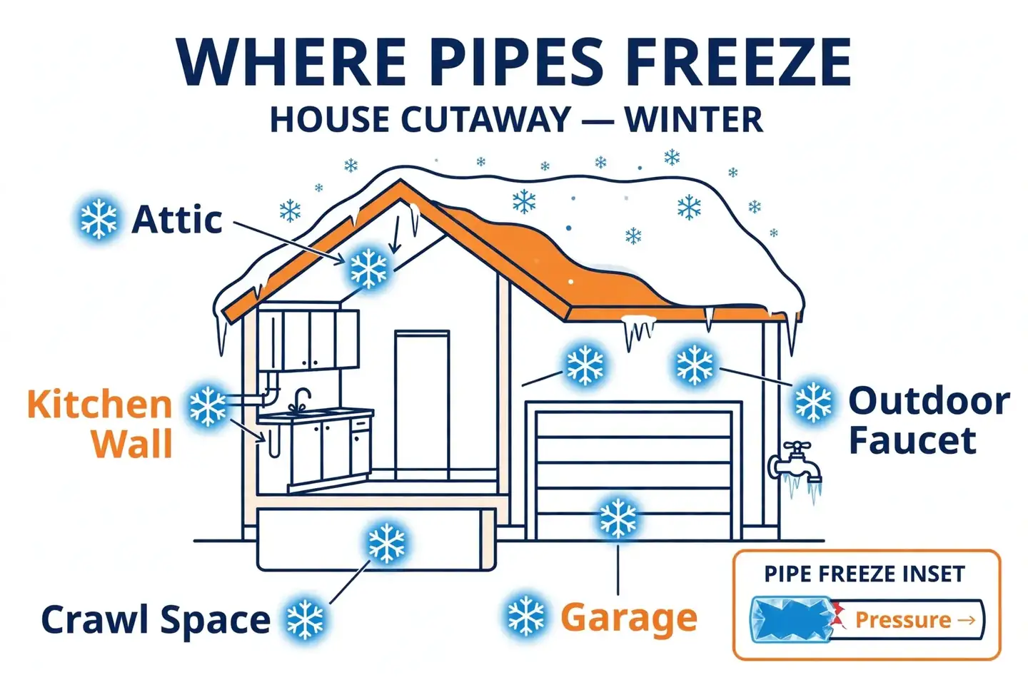 Illustrated cutaway of a pre-1960 Hempstead Cape Cod home showing 5 common pipe freeze spots, plus an inset showing how an ice plug creates hydraulic pressure that bursts pipes downstream