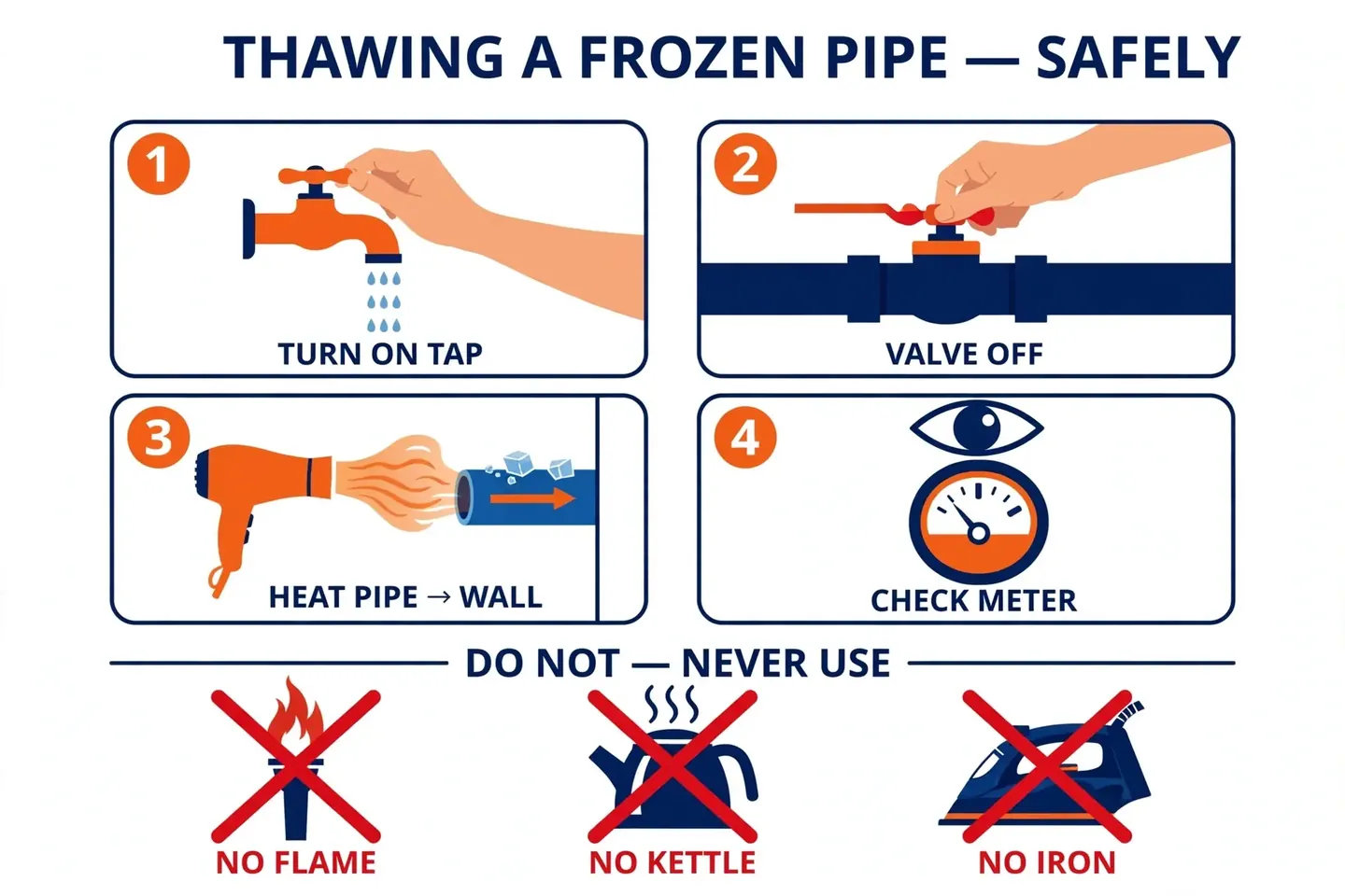 Four step safe pipe thawing diagram: open faucet, shut off main valve, apply hair dryer heat from faucet end backward, check water meter for leaks. Plus a never panel crossing out torch, boiling water, and clothes iron.