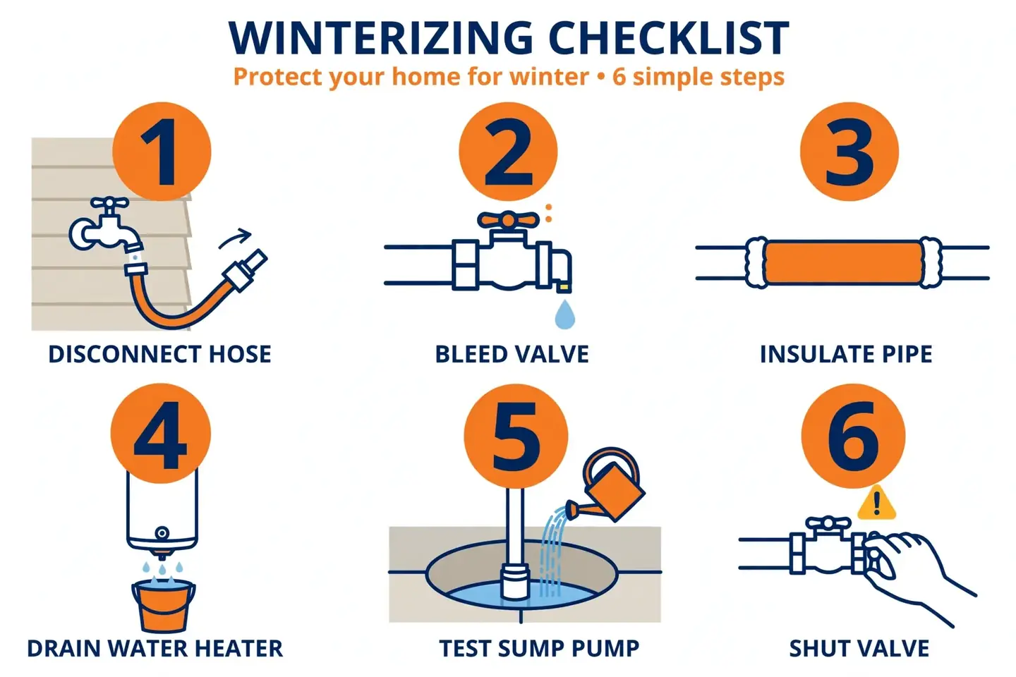Whole house winterizing checklist infographic with numbered tasks in professional order, including a close-up inset of the hose bib bleeder cap that most guides skip.