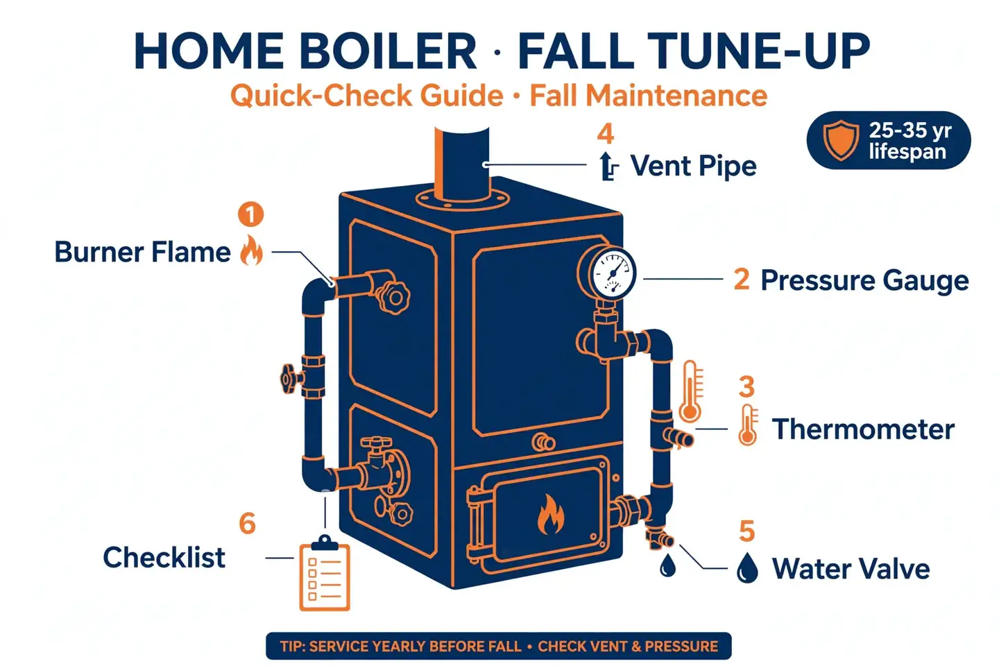 Labeled cutaway of a cast iron residential boiler showing 9 tune-up checkpoints: burner, heat exchanger, pressure gauge, expansion tank, relief valve, sight glass, low-water cutoff, vent, thermostat.